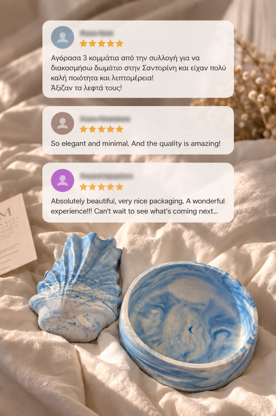 Myth & Marble pieces alongside customer reviews