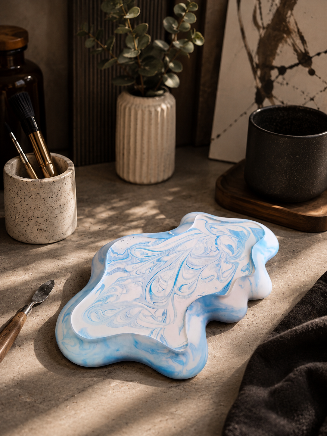 Hand-cast marbled eco-resin tray resting on a workbench in the workshop